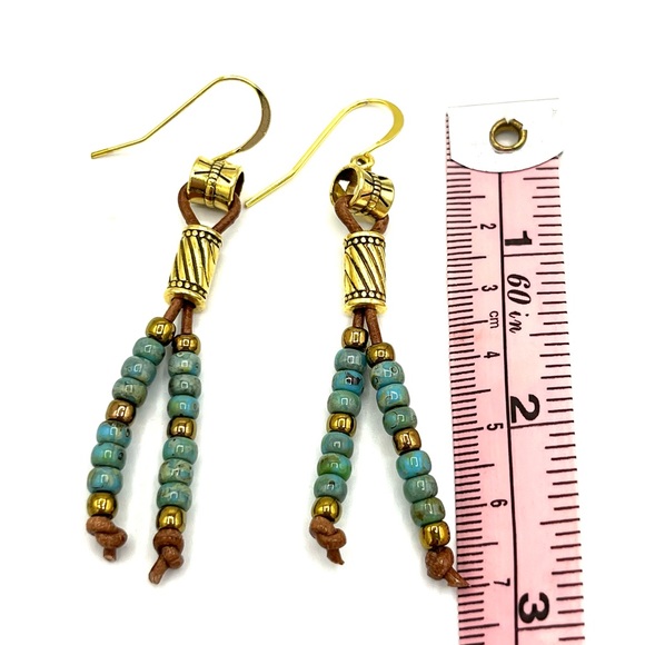 HAND CRAFTED Boho Leather Earrings with Gold and Turquoise - Picture 5 of 5